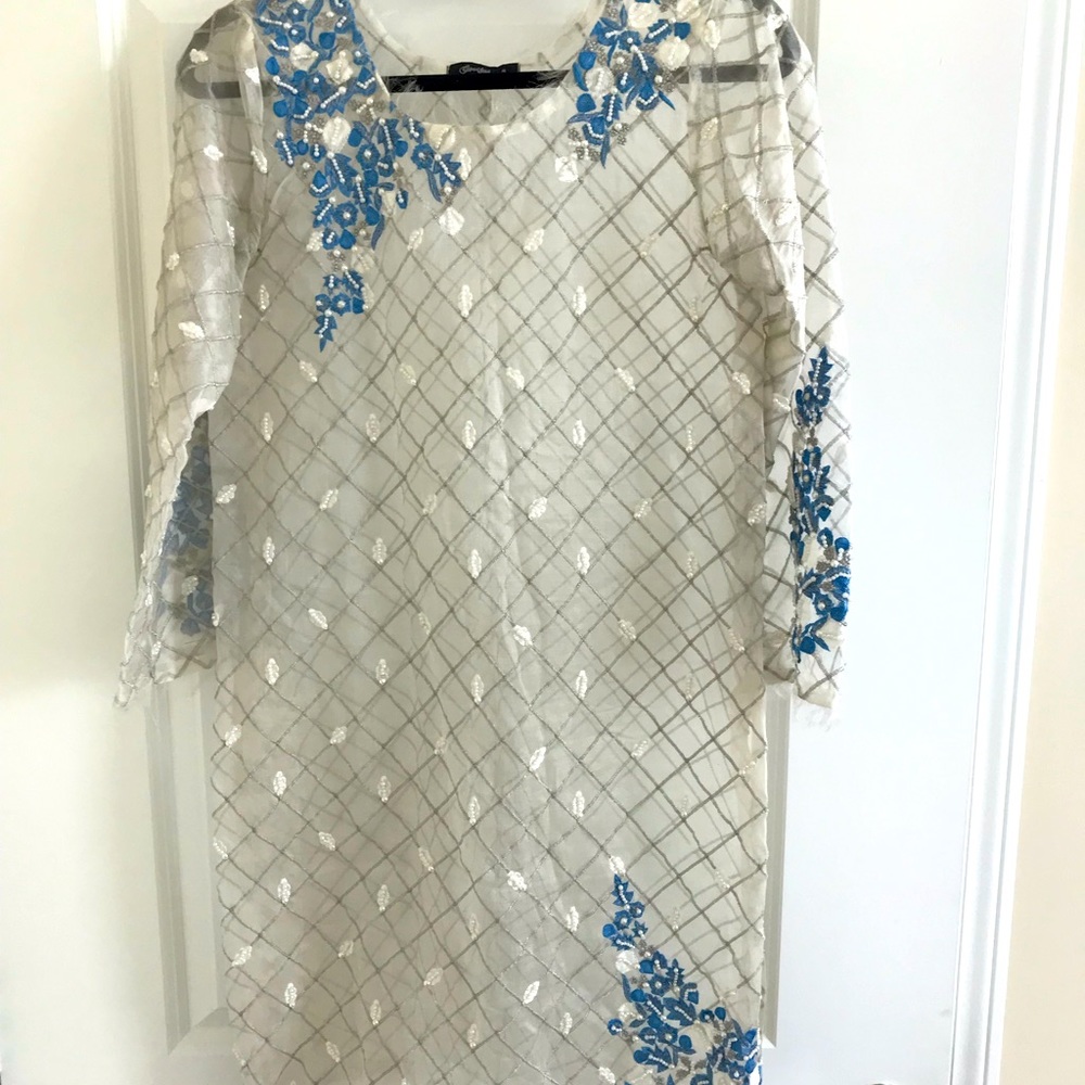 Pakistani kurta designer Cross Stitch size Small Grey Blue Pearl